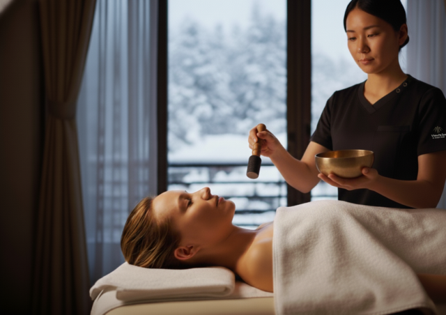 北海道ニセコの雪景色を背景に、シンギングボウルの音色で始まるロイヤル・フォーハンズの体験