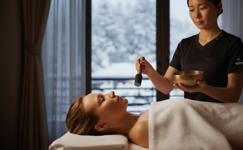 北海道ニセコの雪景色を背景に、シンギングボウルの音色で始まるロイヤル・フォーハンズの体験